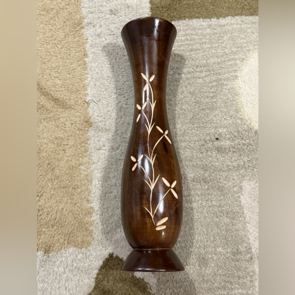 Vintage Handcrafted Wood Bud Vase – Etched Floral Design – Made in Thailand